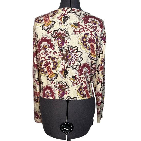 Fossil Women's Floral Cardigan Sweater Lightweight Crew-Neck Beige Purple Size L - Picture 4 of 7